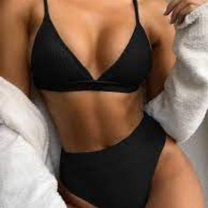 Rib Triangle High Waisted Bikini Swimsuit
